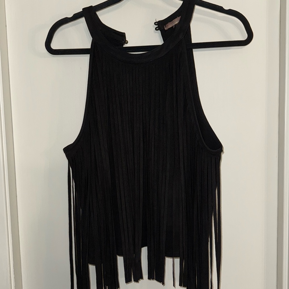 Faux suede fringe halter top